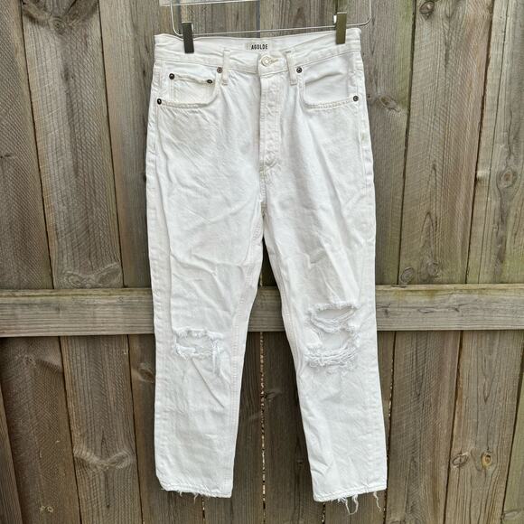 Agolde Jeans Riley Straight  Cropped Jeans Distressed Button Fly White Size 27 - Picture 1 of 12